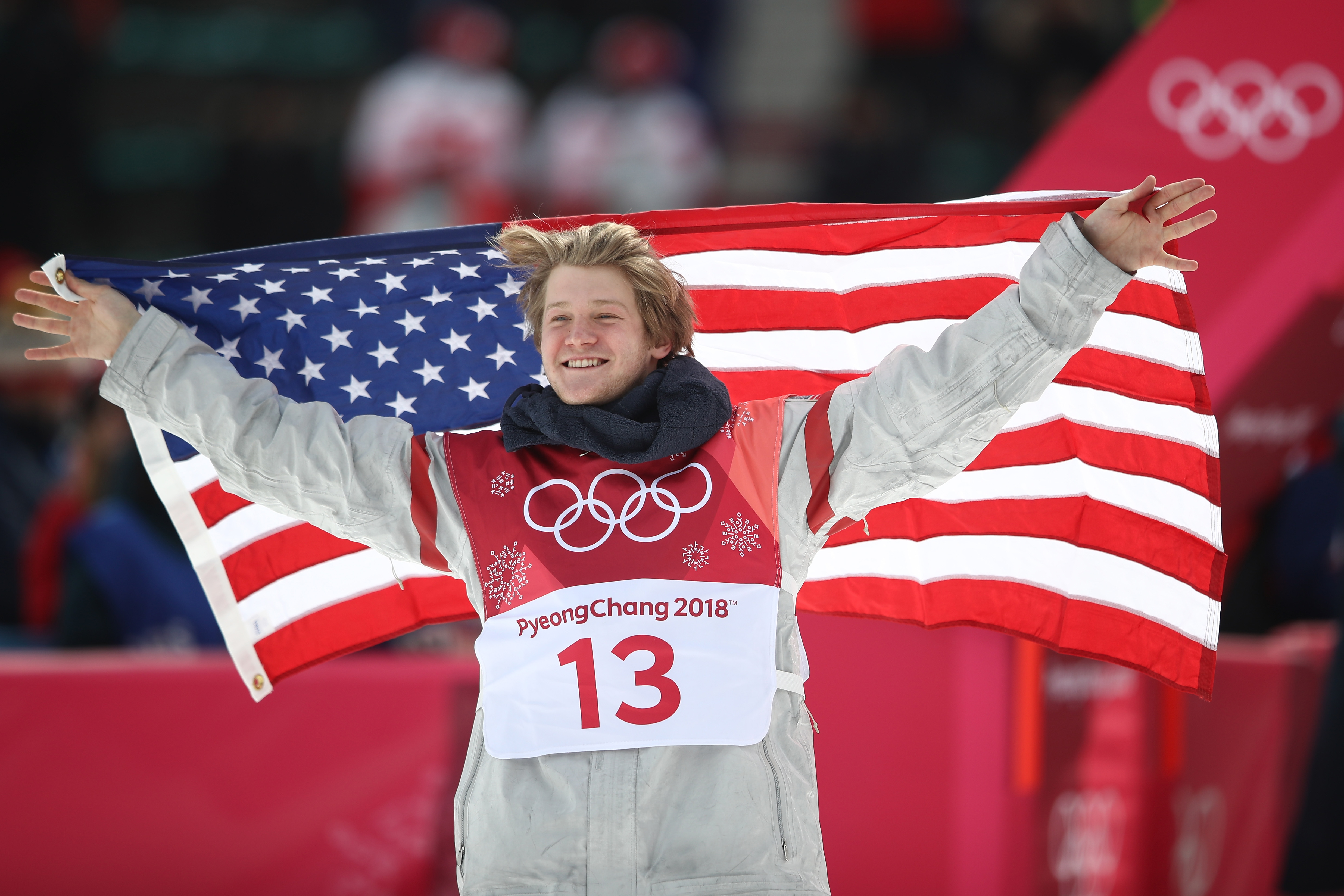 Kyle Mack celebrates after winning the silver medal during the big air final at the 2018 Olympic Winter Games. (Getty Images - Clive Mason)