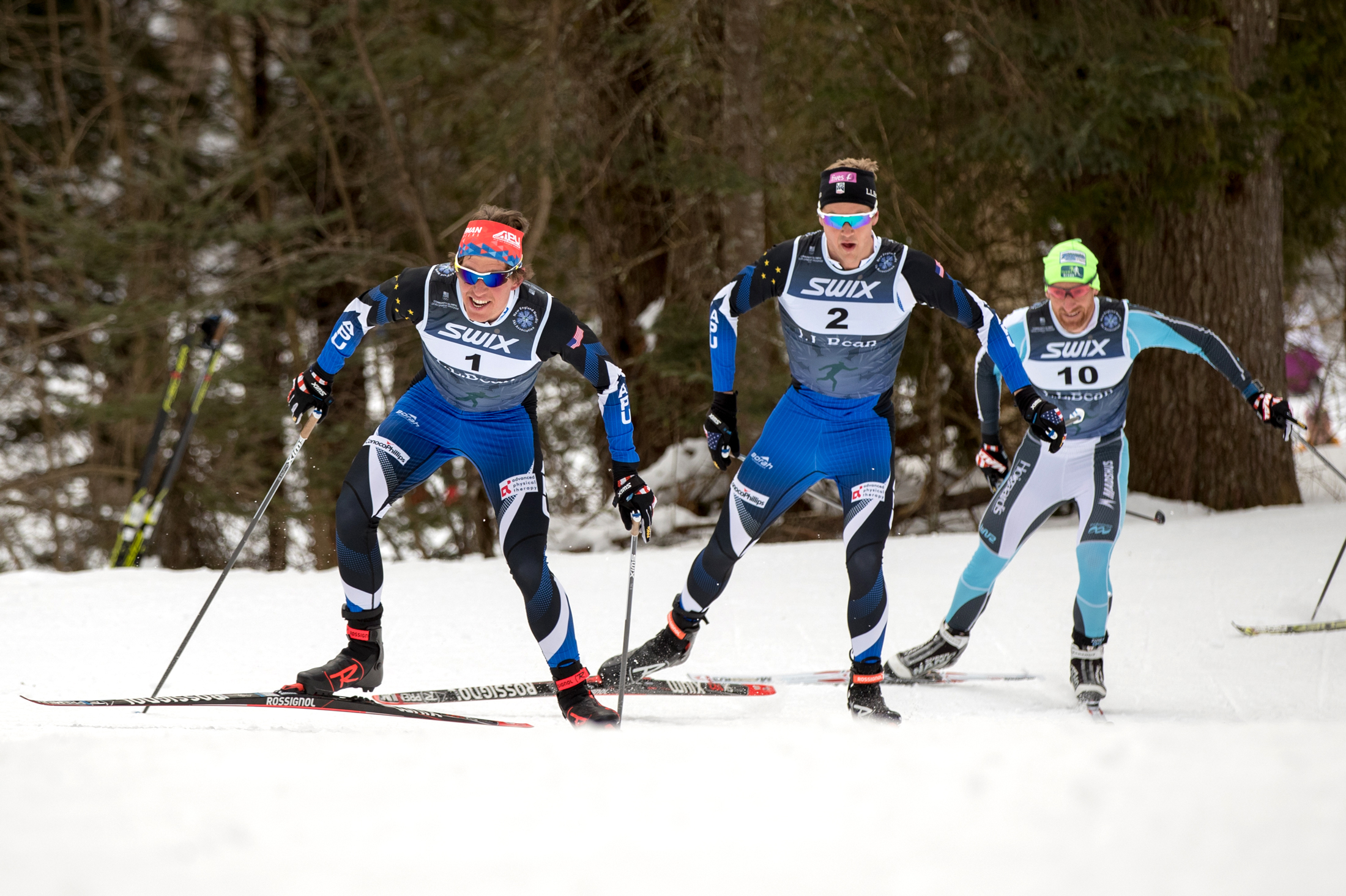 Scott Patterson leads Erik Bjornson and Brian Gregg in the men's 15k freestyle Saturday at the SuperTour Finals in Craftsbury Center, Vt. (U.S. Ski & Snowboard - Reese Brown)