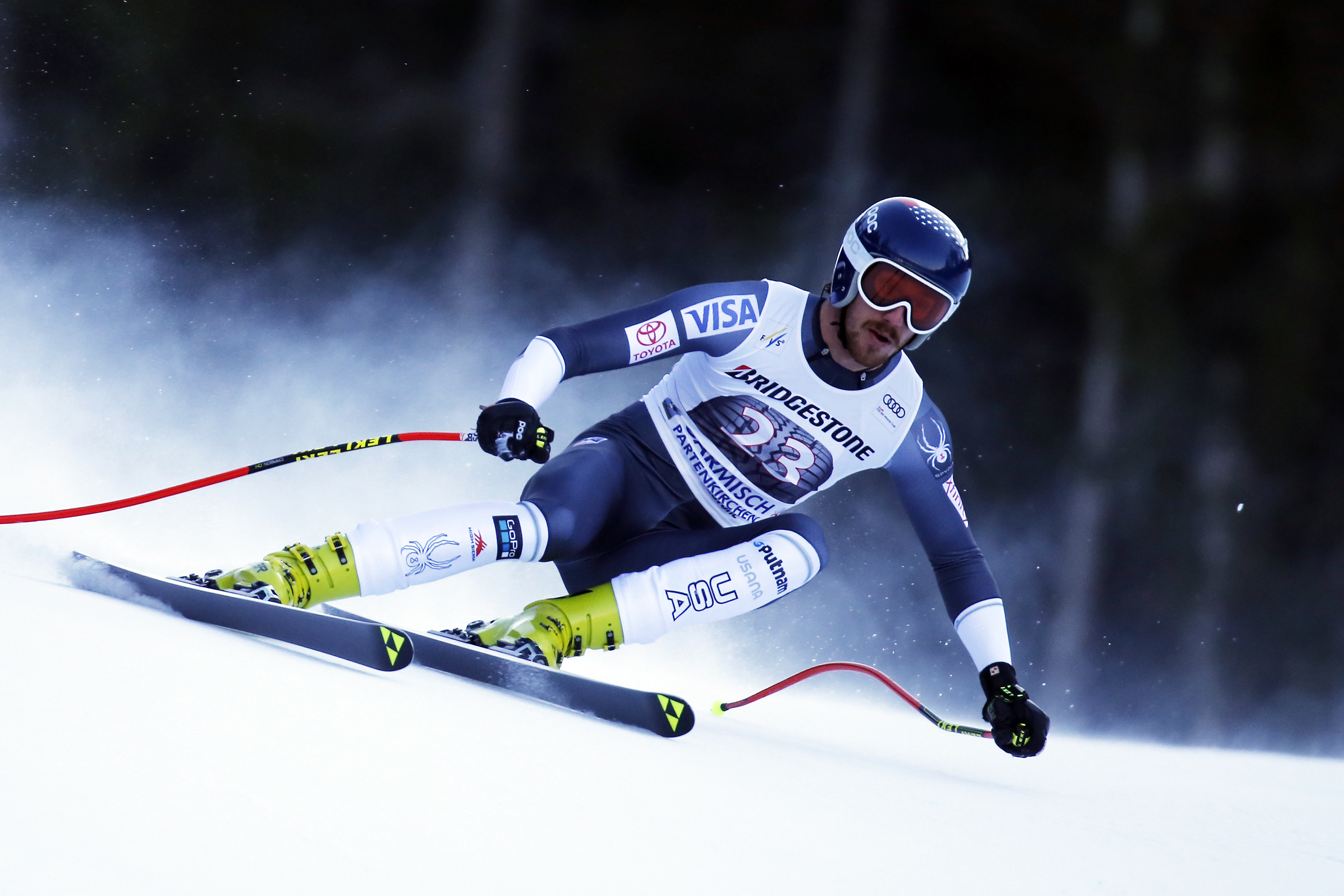 Bryce Bennett, shown here competing earlier this season in Garmisch, Germany, finished 15th in Saturday’s World Cup downhill. (Getty Images/Agence Zoom - Alexis Boichard)