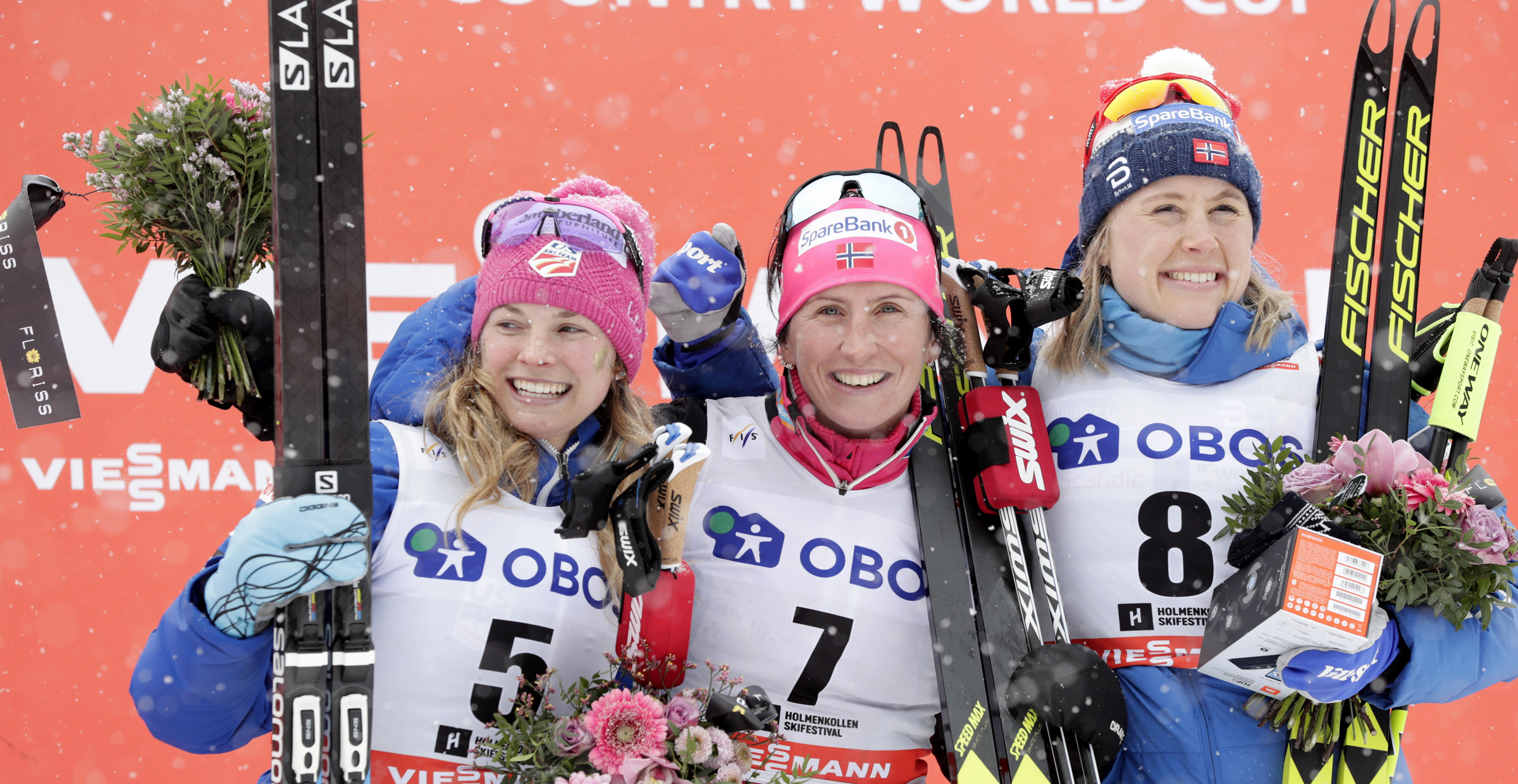 Jessica Diggins finished second in Sunday’s 30k mass start freestyle. Norway’s Marit Bjoergen (center) won and Ragnhild Haga was third. (Getty Images/AFP - Berit Roald)