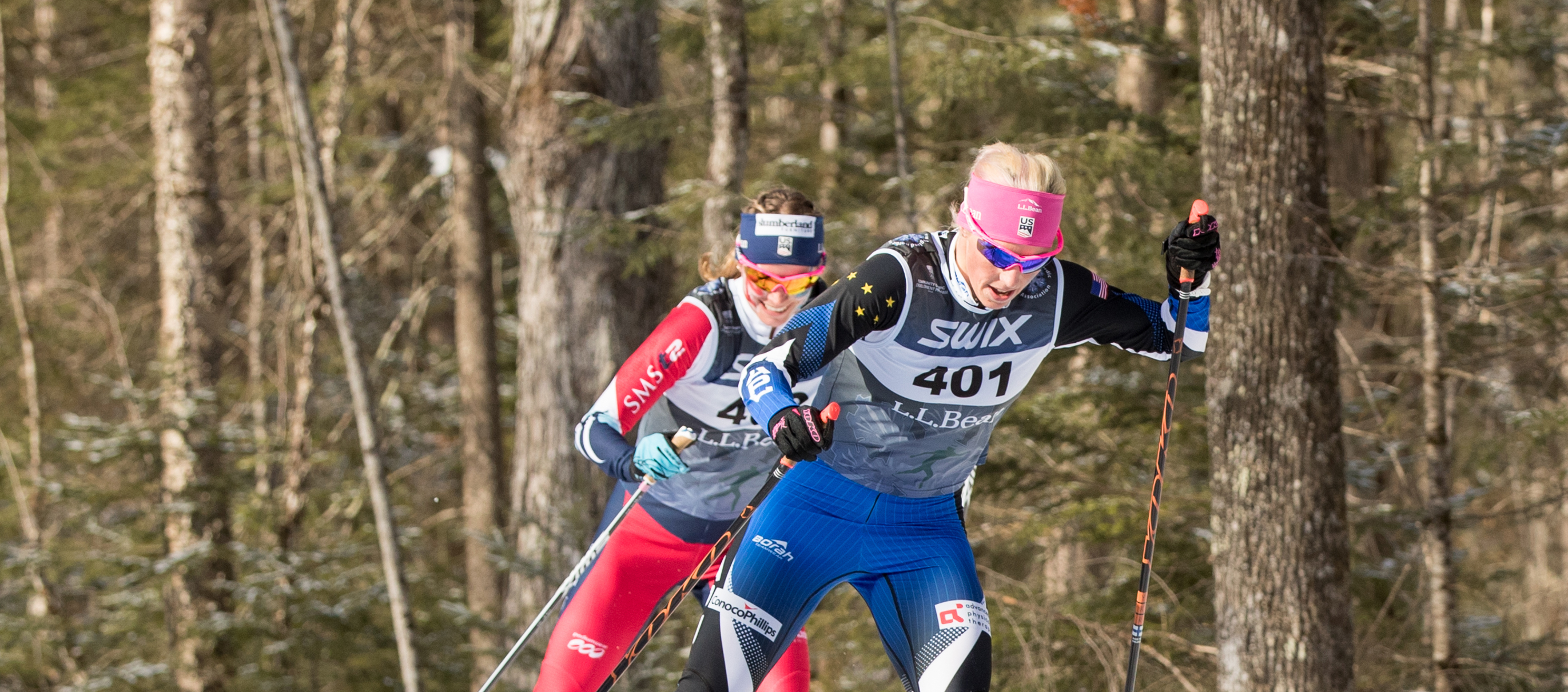 Kikkan Randall leads Jessie Diggins in the final leg at the L.L.Bean U.S. Cross Country Championships team relay Sunday. (U.S. Ski & Snowboard - Reese Brown)