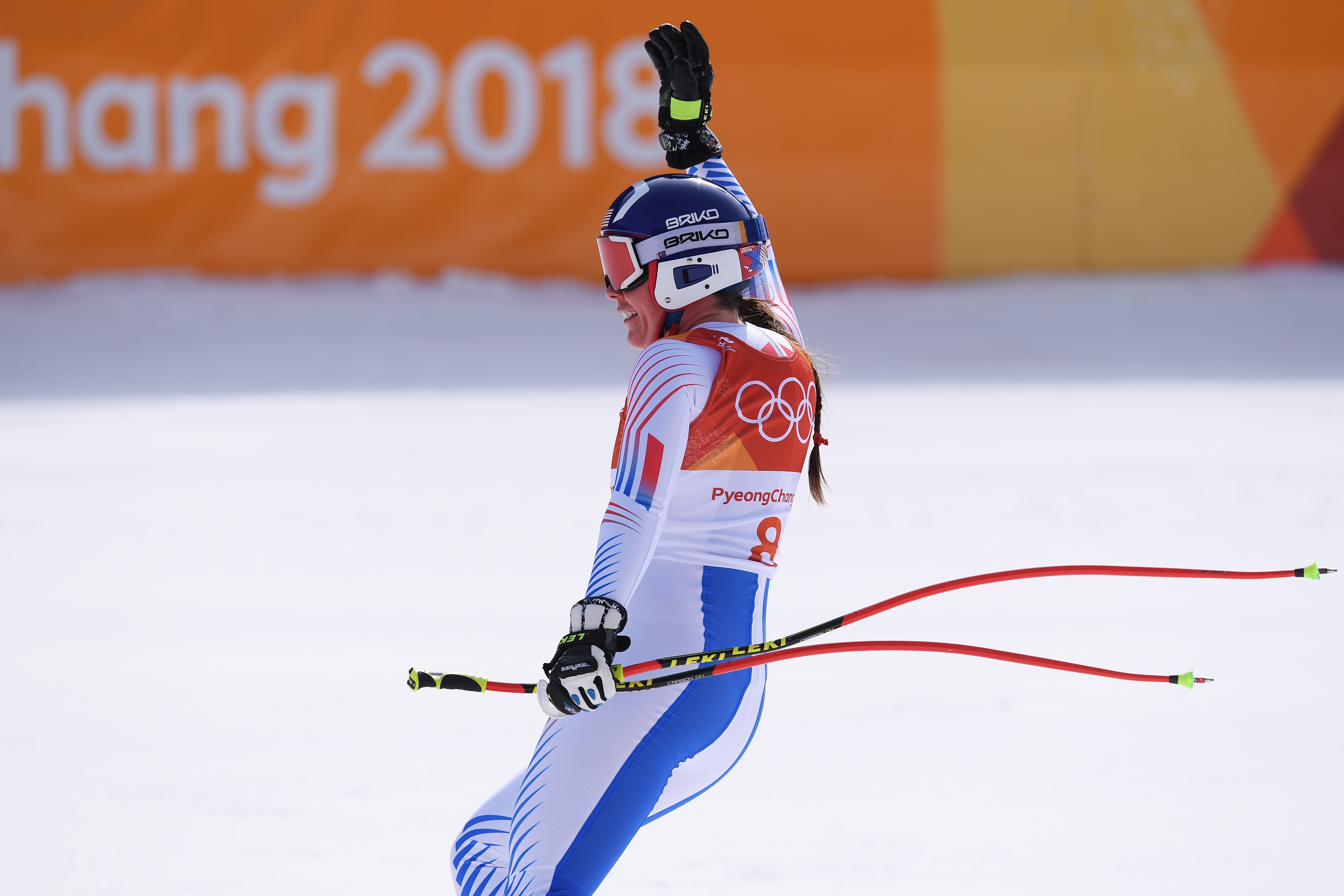 Breezy Johnson waves to the crowd in the PyeongChang downhill finish area. Breezy Johnson waves to the crowd in the PyeongChang downhill finish area.