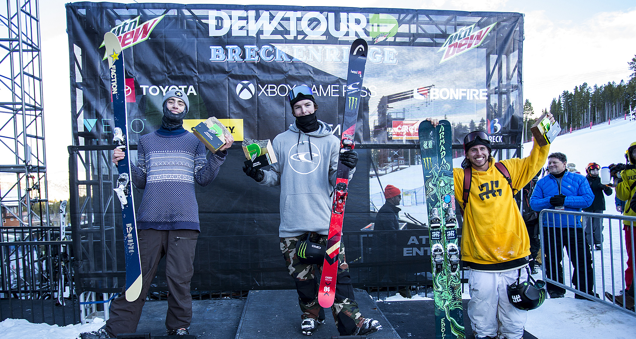 Freeski slopestyle Dew Tour podium including Alex Hall (left), Evan McEachran and Henrik Harlaut. (Dew Tour - Oswaldo Sanchez) Men's Freeski podium at Dew Tour.