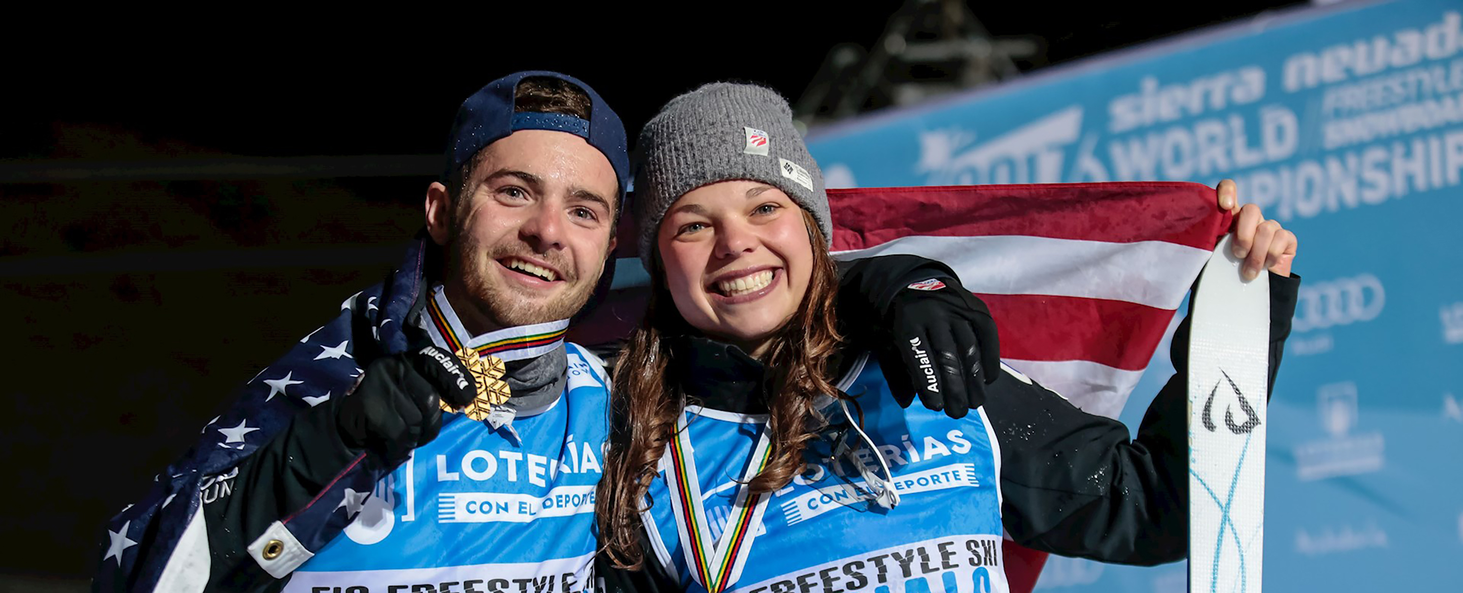 Jonathon Lillis and Ashley Caldwell proudly swept gold in aerials at Freestyle World Championships in Sierra Nevada, Spain. (Sierra Nevada - Pepe Marin) Lillis and Caldwell