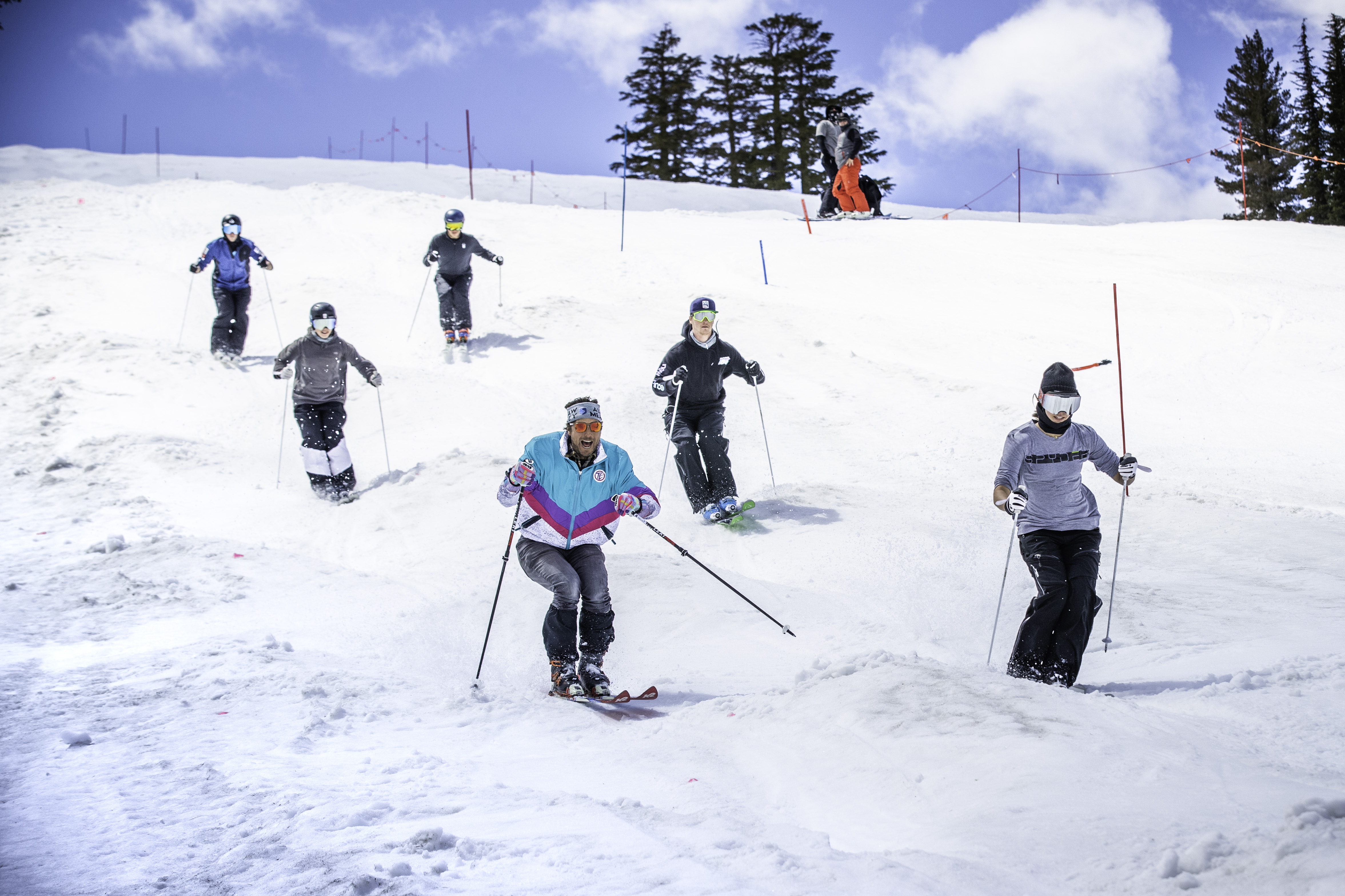 U.S. Moguls team skiing with Jonny Moseley