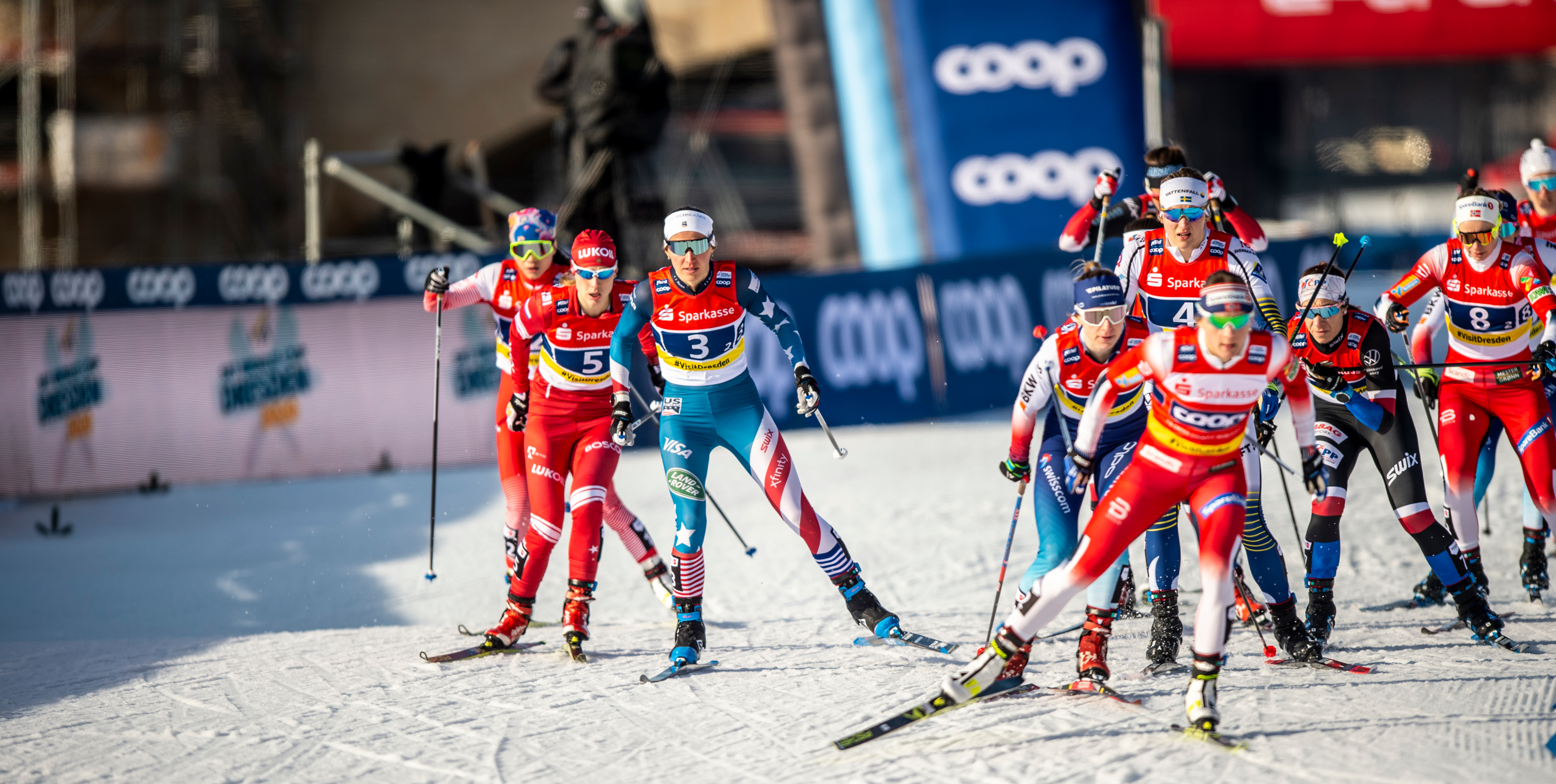 Julia Kern and Sophie Caldwell teamed up to finish fifth in the Team Sprint Sunday in Germany. (www.nordicfocus.com. © Thibaut/NordicFocus)