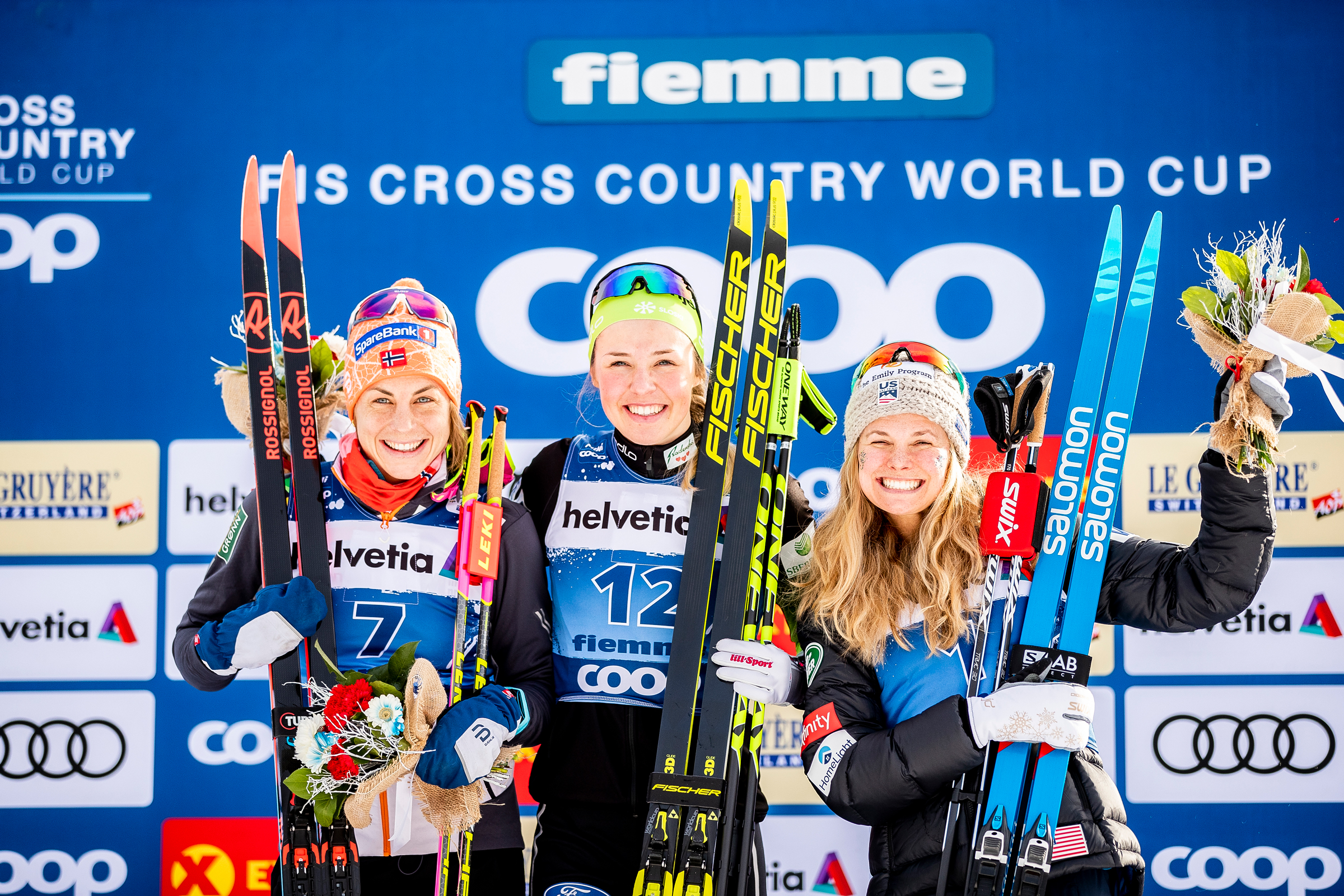 Jessie Diggins (right) finished third in the classic sprint at the 14th Tour de Ski Saturday in Val di Fiemme, Italy. (www.nordicfocus.com. © Modica/NordicFocus)