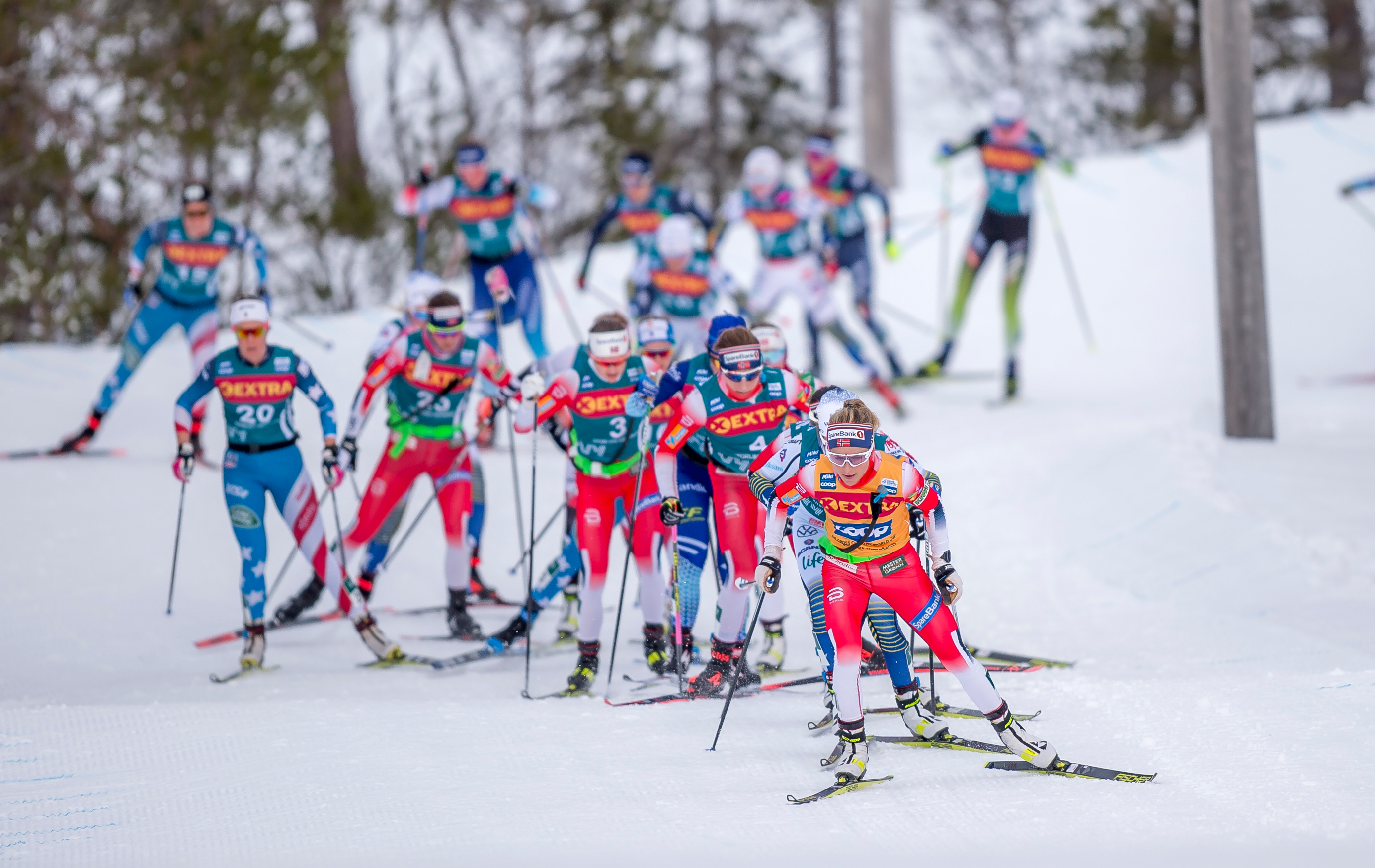 Norway's Therese Johaug paces the lead group containing American's Jessie Diggins, Rosie Brennan, and Sadie Maubet Bjornsen during Thursday's 34k Stage 4 of Ski Tour 2020. (www.nordicfocus.com. © Thibaut/NordicFocu)
