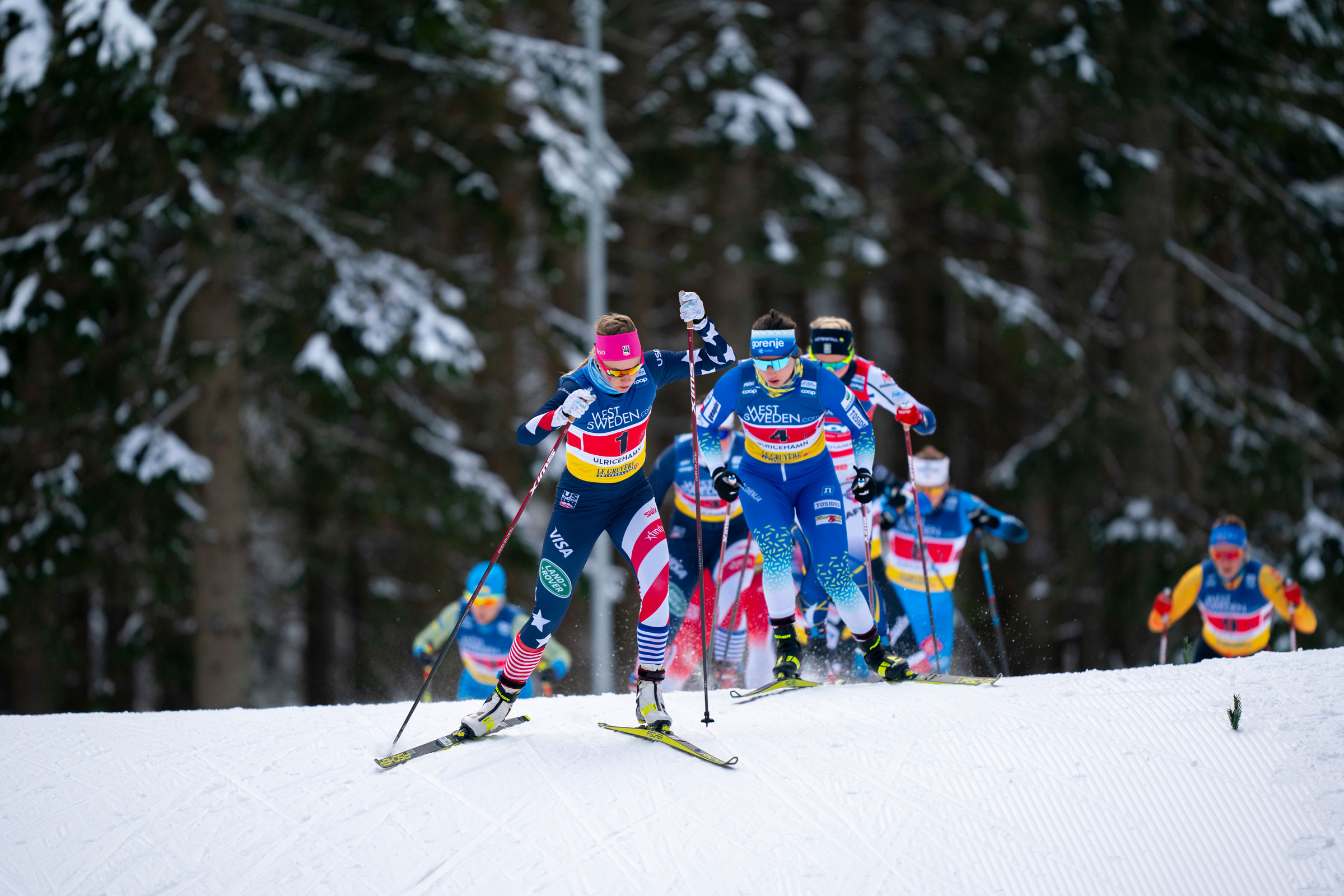 Sadie Maubet Bjornsen pushed the pace throughout Sunday's team sprint. (Thibaut/NordicFocus)