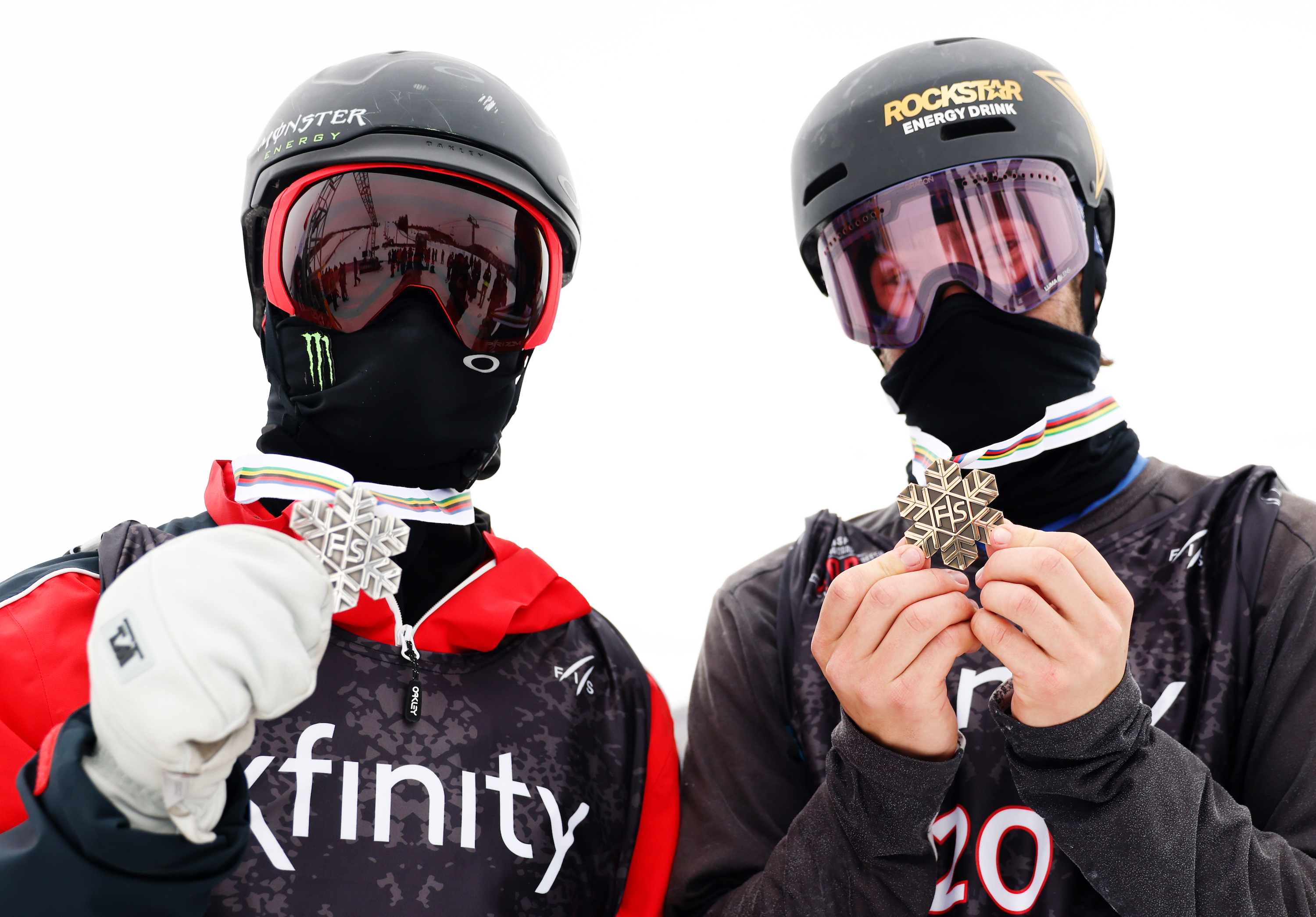 Colby Stevenson (left) holding his silver medal and Alex Hall (right) holding his bronze medal at the Aspen 2021 Freeski and Snowboard World Championships freeski slopestyle finals. (U.S. Ski & Snowboard - Sarah Brunson) Colby Stevenson and Alex Hall