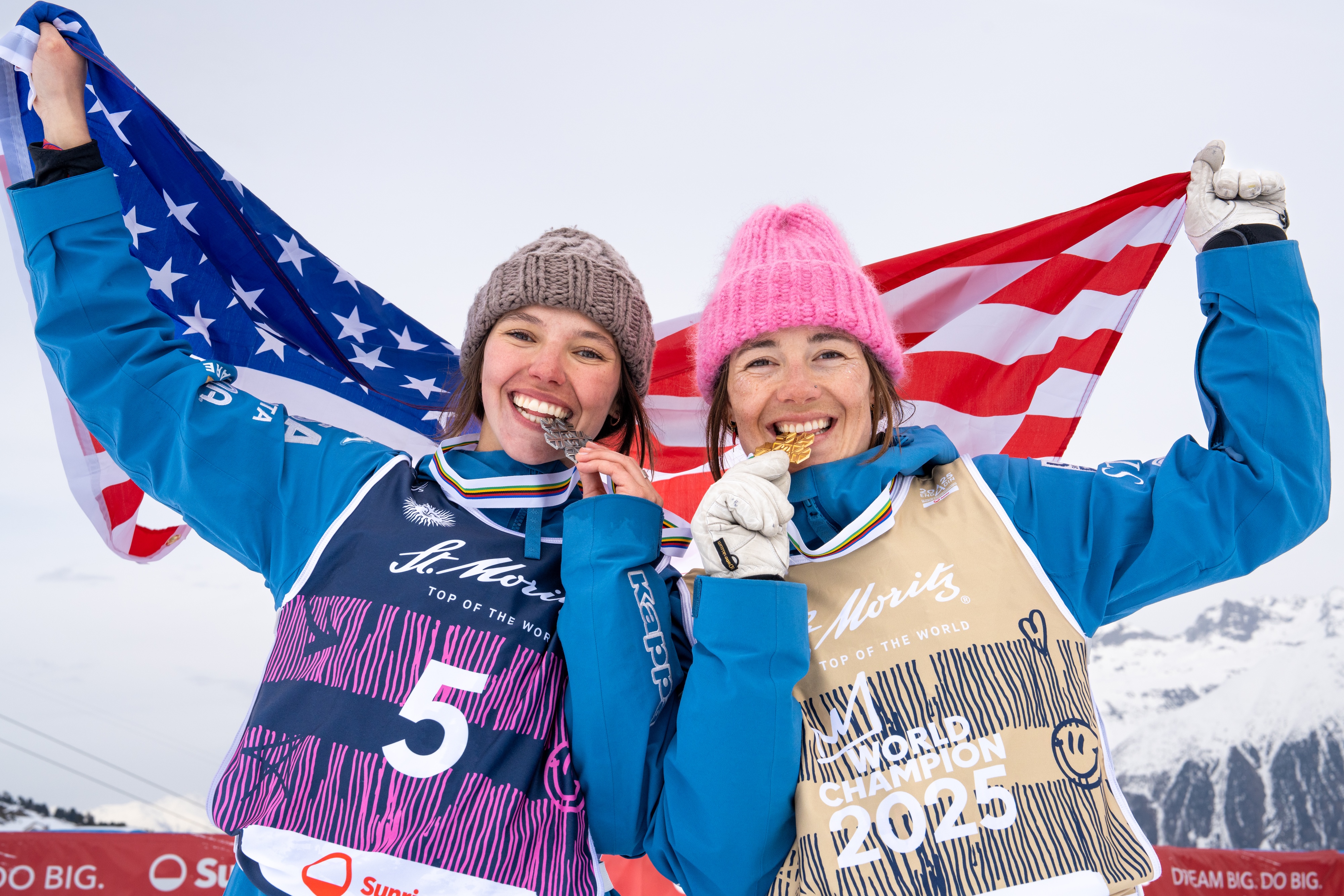 Jaelin and Tess bitting their World Championship medals 