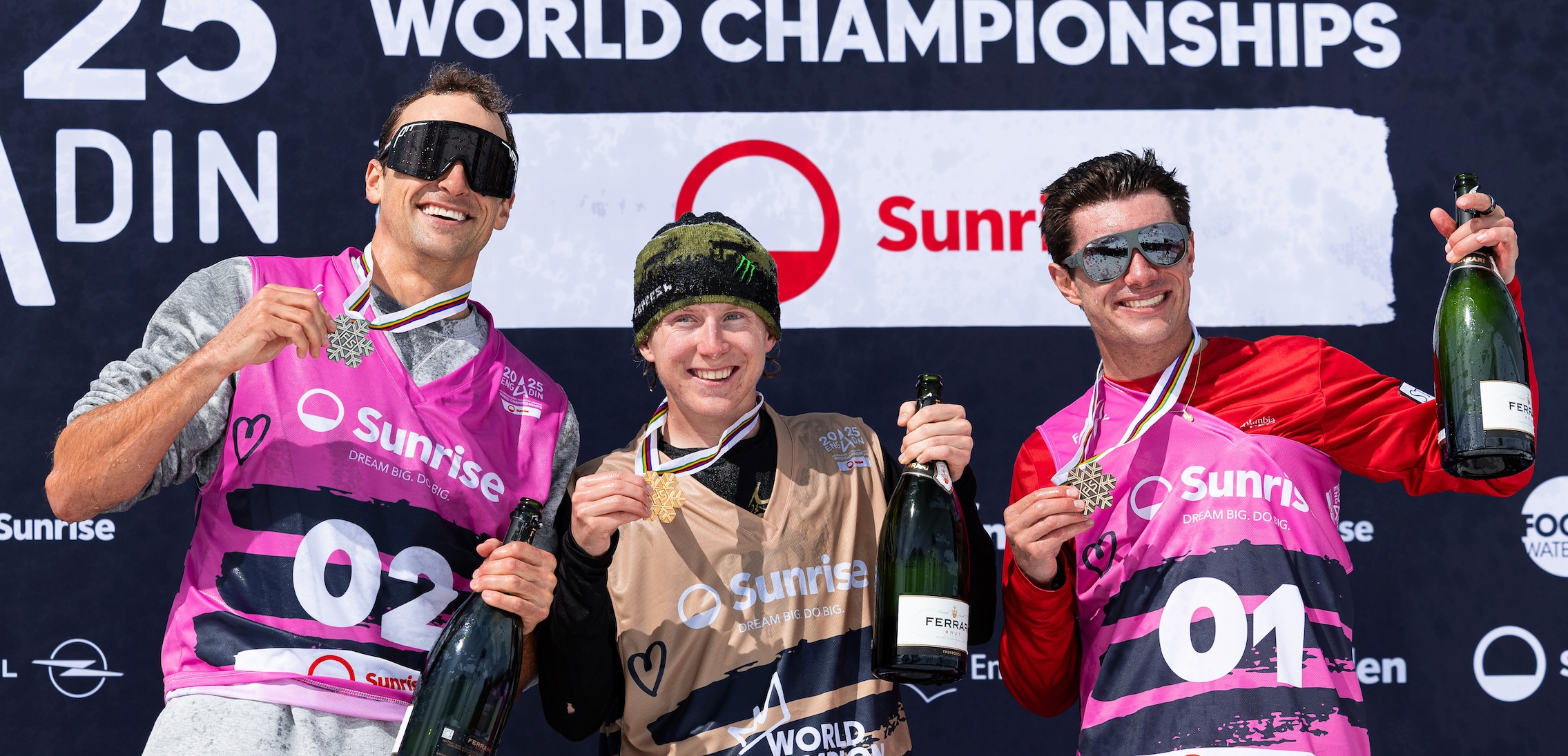 Goepper, Melville-Ives, and Ferreira on the Podium with champagne