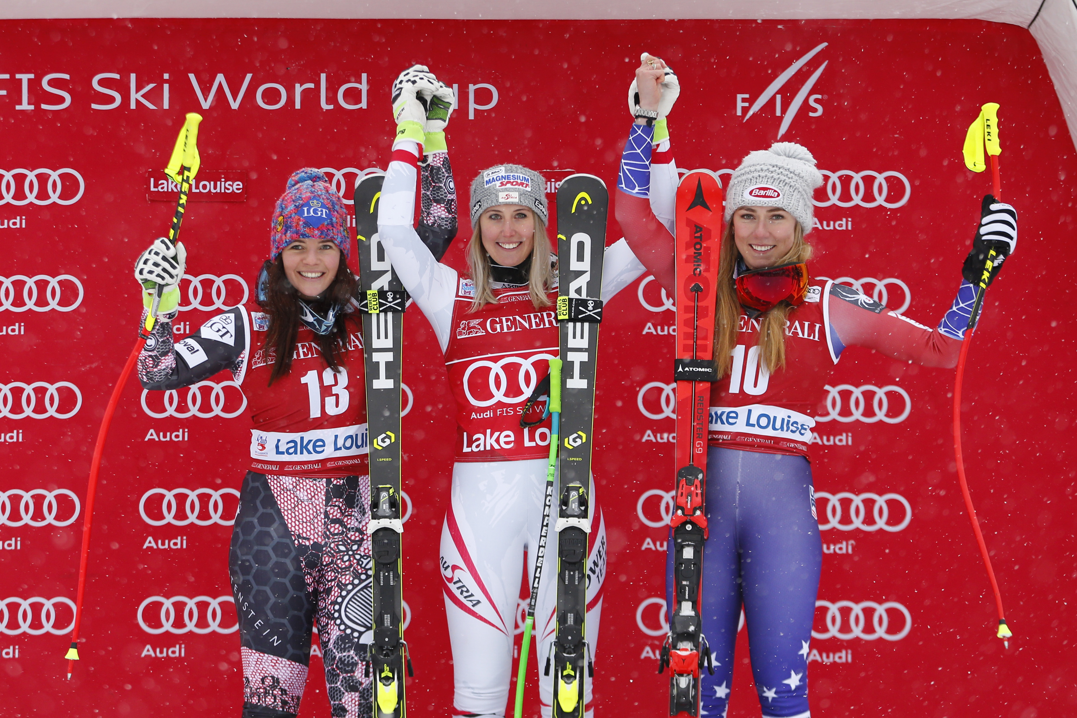 Tina Weirather was second (left), Cornelia Huetter won, and Mikaela Shiffrin finished third in the opening World Cup downhill of the season Friday. (Getty Images/Agence Zoom -  Christophe Pallot)