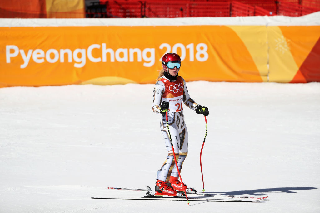 Ester Ledecka is stunned after crossing the finish line to win the Olympic gold medal in super-G Saturday at the 2018 Games. (Getty Images – Ezra Shaw)