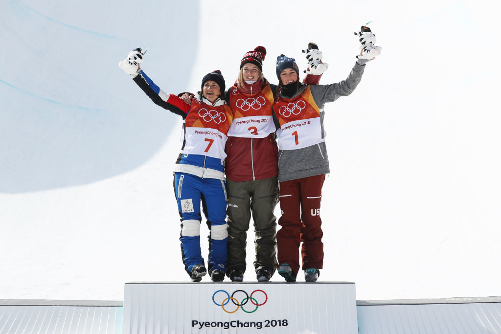 Silver medalist, Marie Martinod of France, gold medalist, Cassie Sharpe of Canada and bronze medalist Brita Sigourney on the podium at Phoenix Snow Park. (Getty Images - Clive Rose)