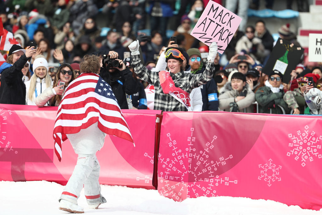 Kyle Mack is congratulated by teammate Red Gerard after winning the silver medal in the big air at the 2018 Olympic Winter Games. (Getty Images - Al Bello)