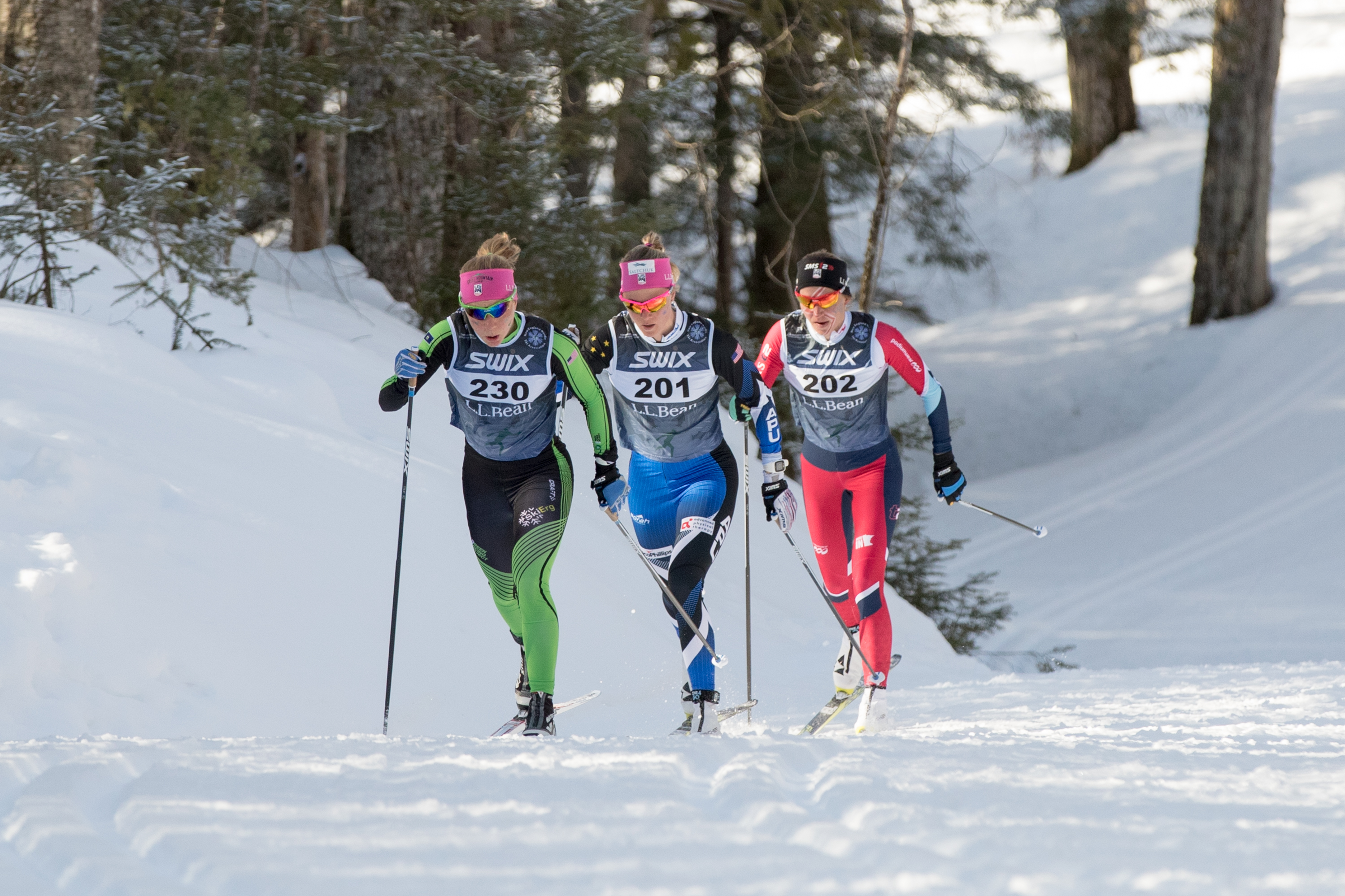Sadie Bjornsen (201) pulled out to a seven-second advantage over Stratton’s Sophie Caldwell (202) and Ida Sargent (230) on the third leg of the team relay Sunday. (U.S. Ski &amp; Snowboard - Reese Brown)​​​​​​​