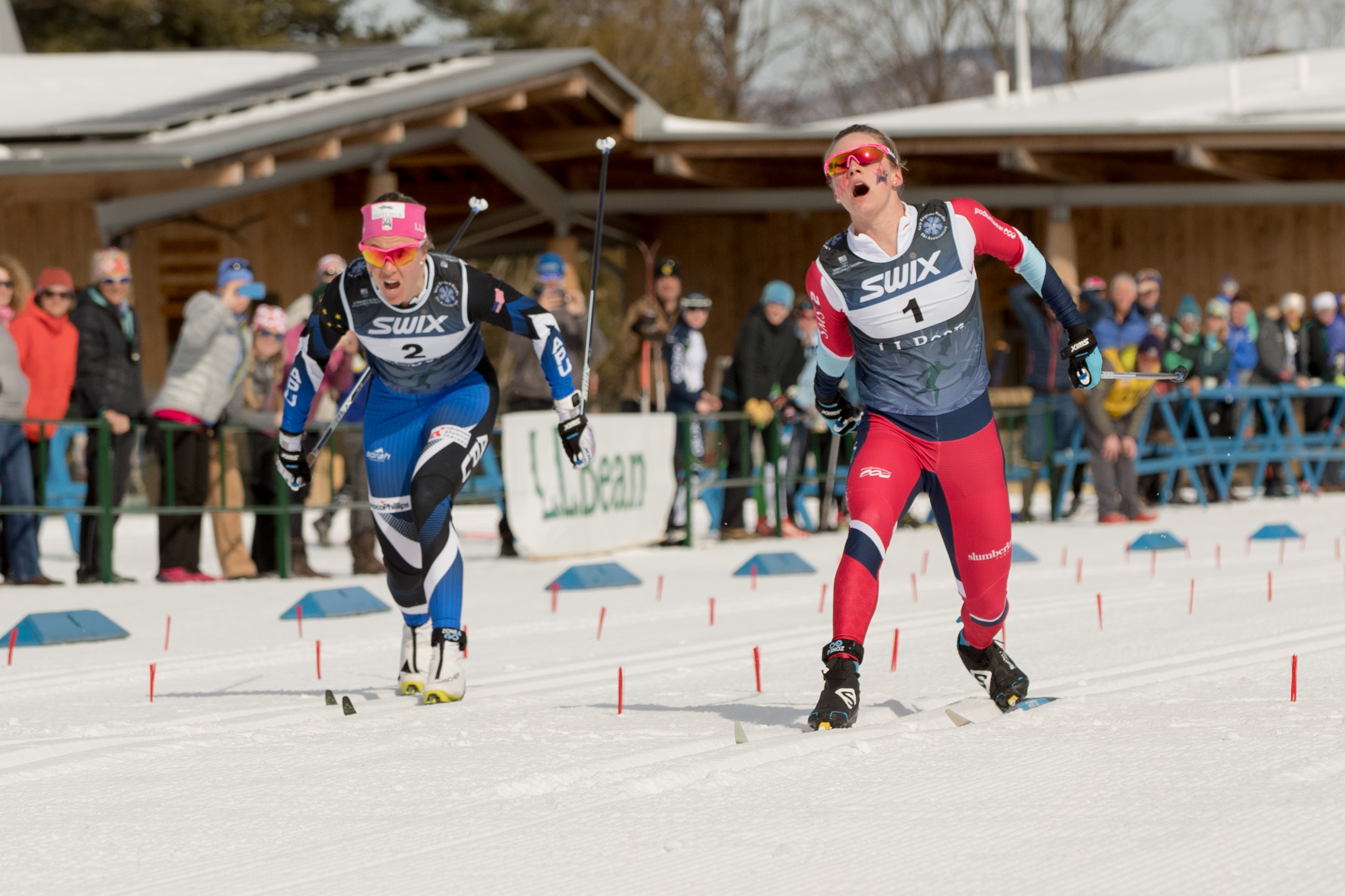 Jessie Diggins lunges at the line to win the 30k classic at the L.L.Bean U.S. Cross Country Championship Tuesday. (U.S. Ski &amp; Snowboard - Reese Brown)