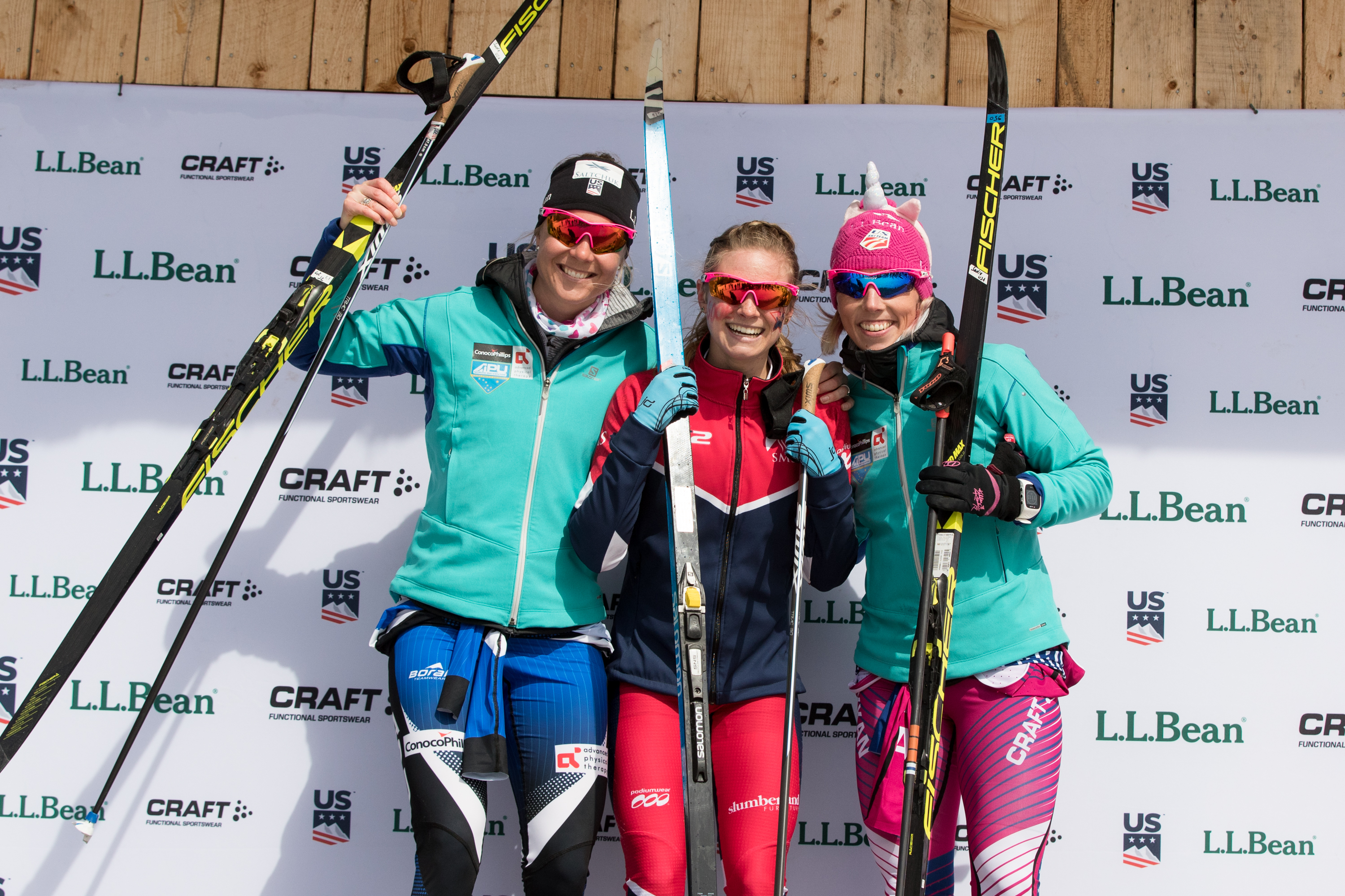 Sadie Bjornsen (left) was second, Jessie Diggins won, and Kikkan Randall was third in the women's 30k classic at the L.L.Bean U.S. Cross Country Championship Tuesday. (U.S. Ski &amp; Snowboard - Reese Brown)