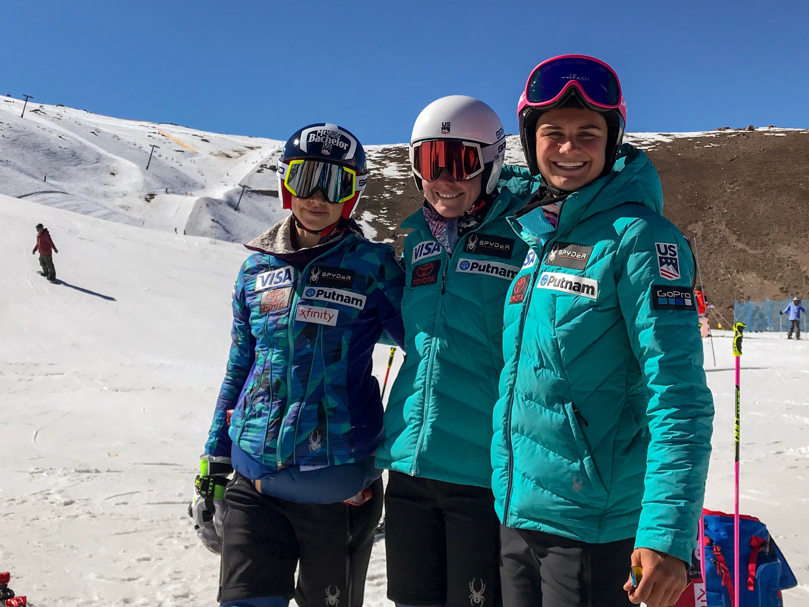 Breezy Johnson poses with teammates Laurenne Ross and Alice Merryweather
