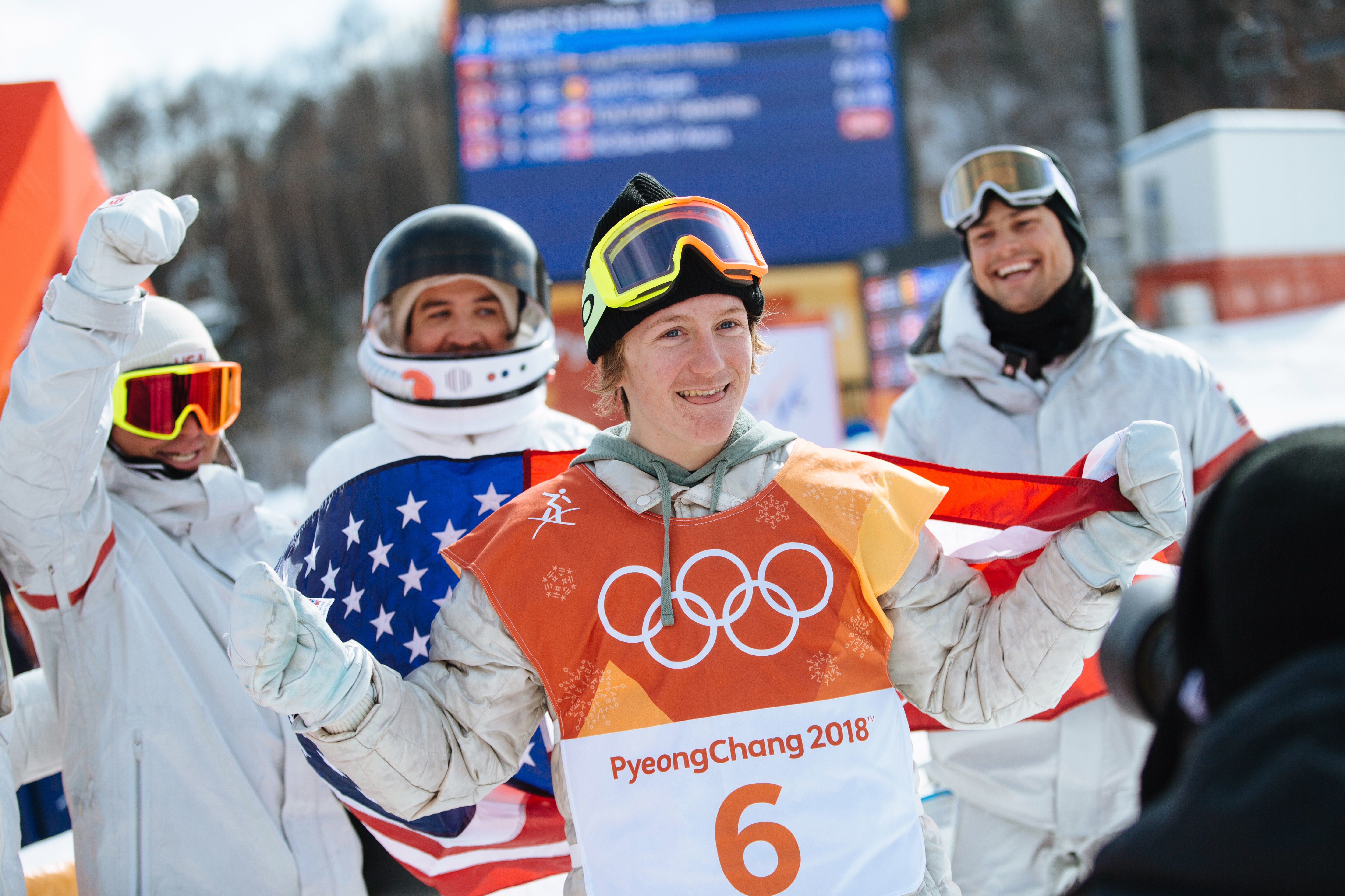 PyeongChang Olympic Slopestyle Gold Medalist Red Gerard with the U.S. Snowboard Coaching Staff (U.S. Ski &amp; Snowboard).