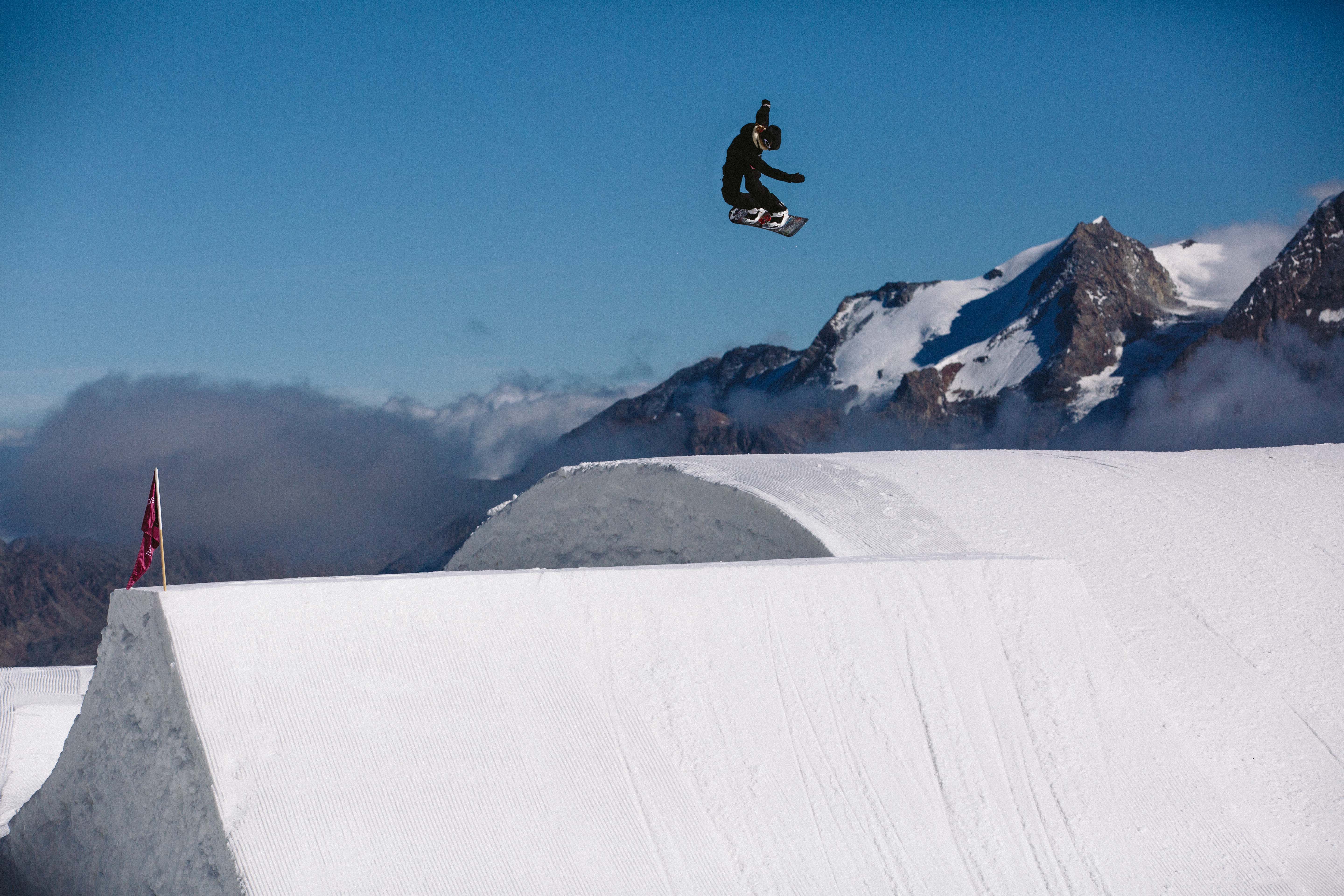 Jamie Anderson mid air in Switzerland.