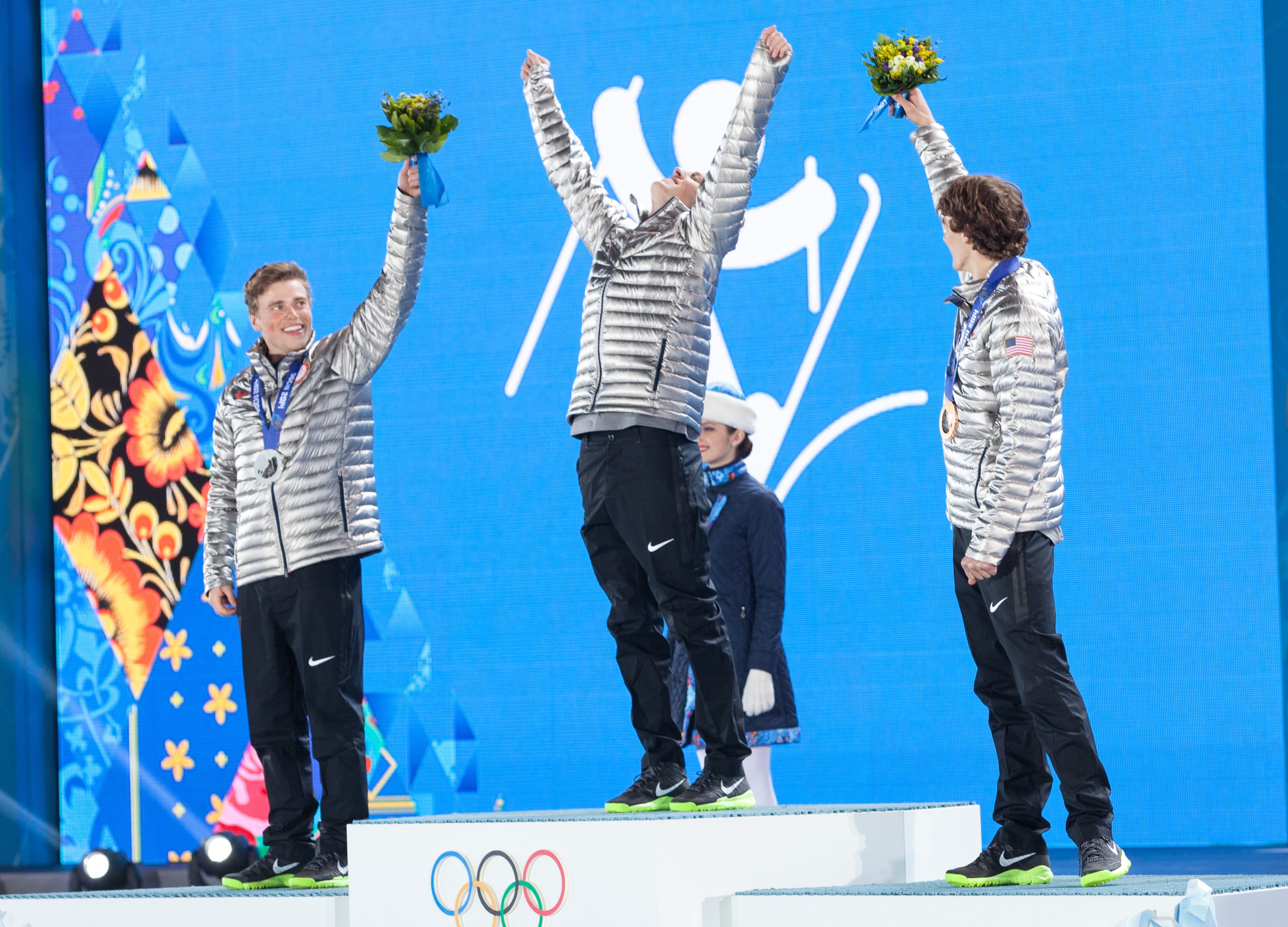 Gus Kenworthy, Joss Christensen and Nick Goepper on the podium in Sochi, Russia.