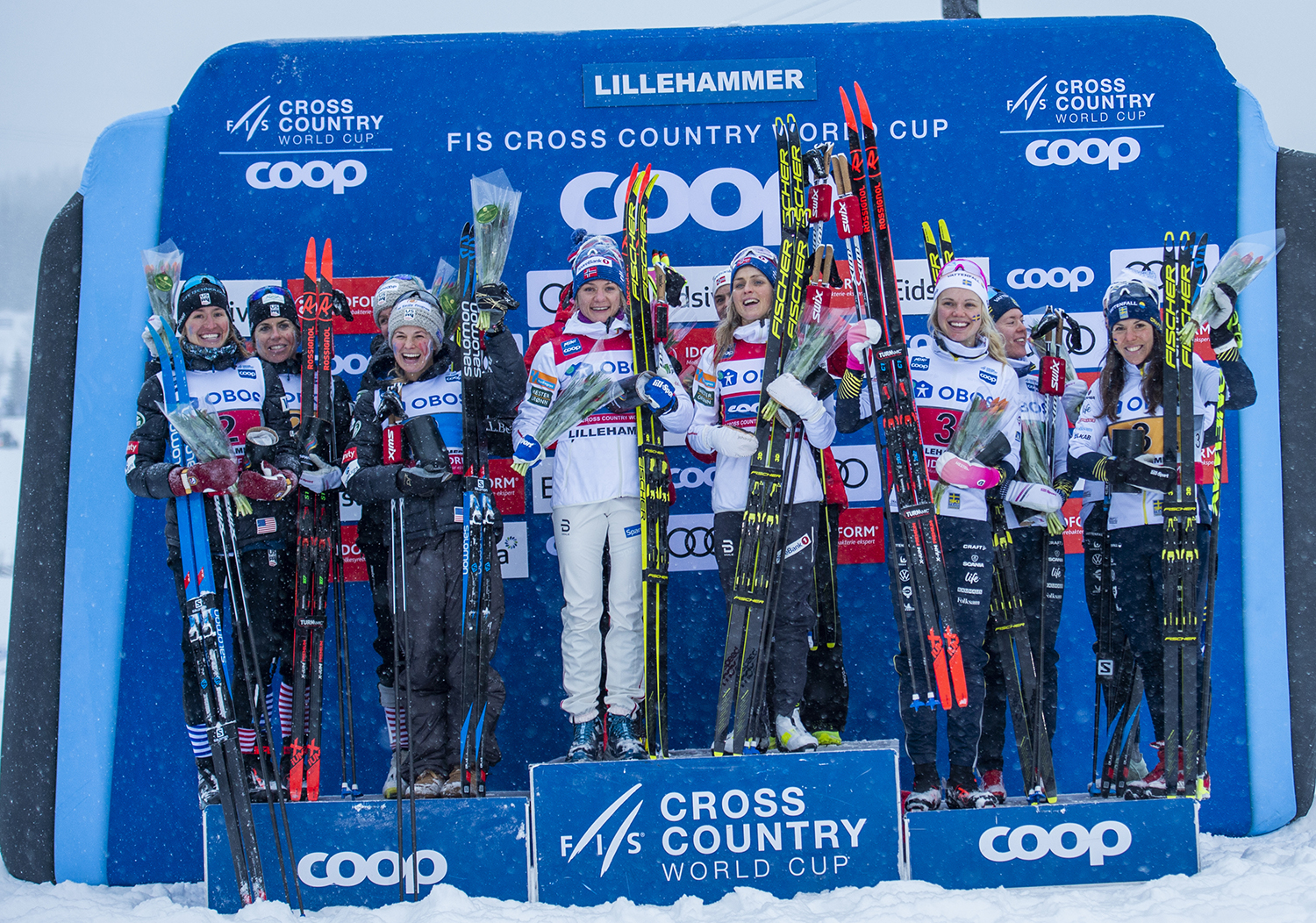 Women's podium from 4x5k Team Relay Sunday in Lillehammer, Norway. 
