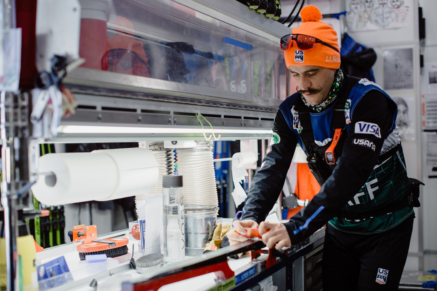 U.S. Ski &amp; Snowboard's Jean-Pascal Laurin preps skis inside the Wax Truck in Oberstdorf, Germany, Wednesday. (U.S. Ski &amp; Snowboard - Sarah Brunson)