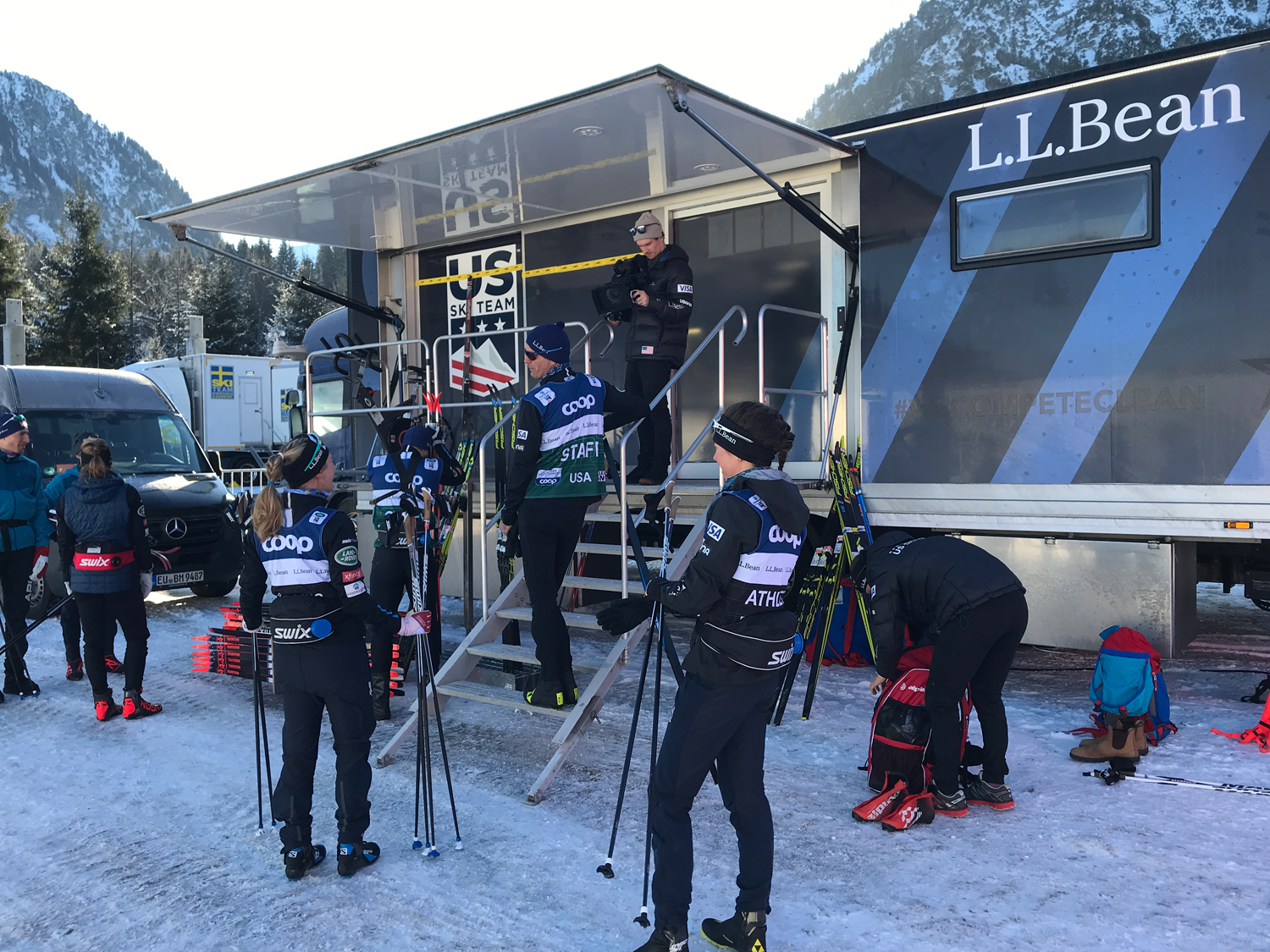 U.S. cross country athletes prepare in front of the Wax Truck to preview the weekend WorldCup course in Oberstdorf. (U.S. Ski &amp; Snowboard - Tom Horrocks)