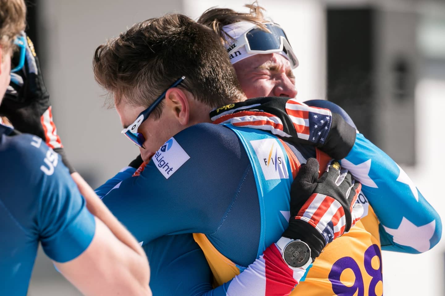 Gus is congratulated by his teammate Luke Jager after winning the Junior World Championship title.