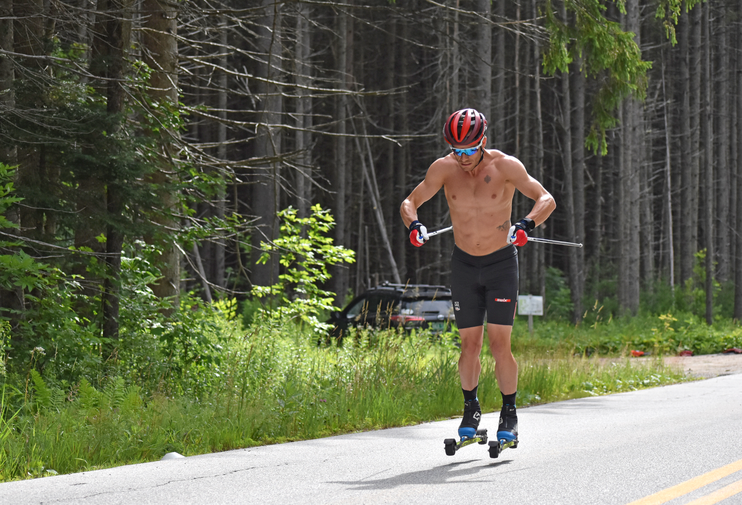 Simi Hamilton powers through douple-pole starts during a recent Stratton Mountain School Elite Team workout.