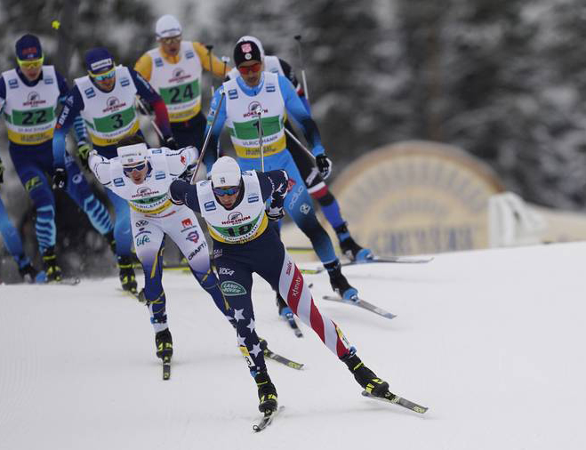 Kevin Bolger also pushed the pace throughout Sunday's team sprint. (Thibaut/NordicFocus)
