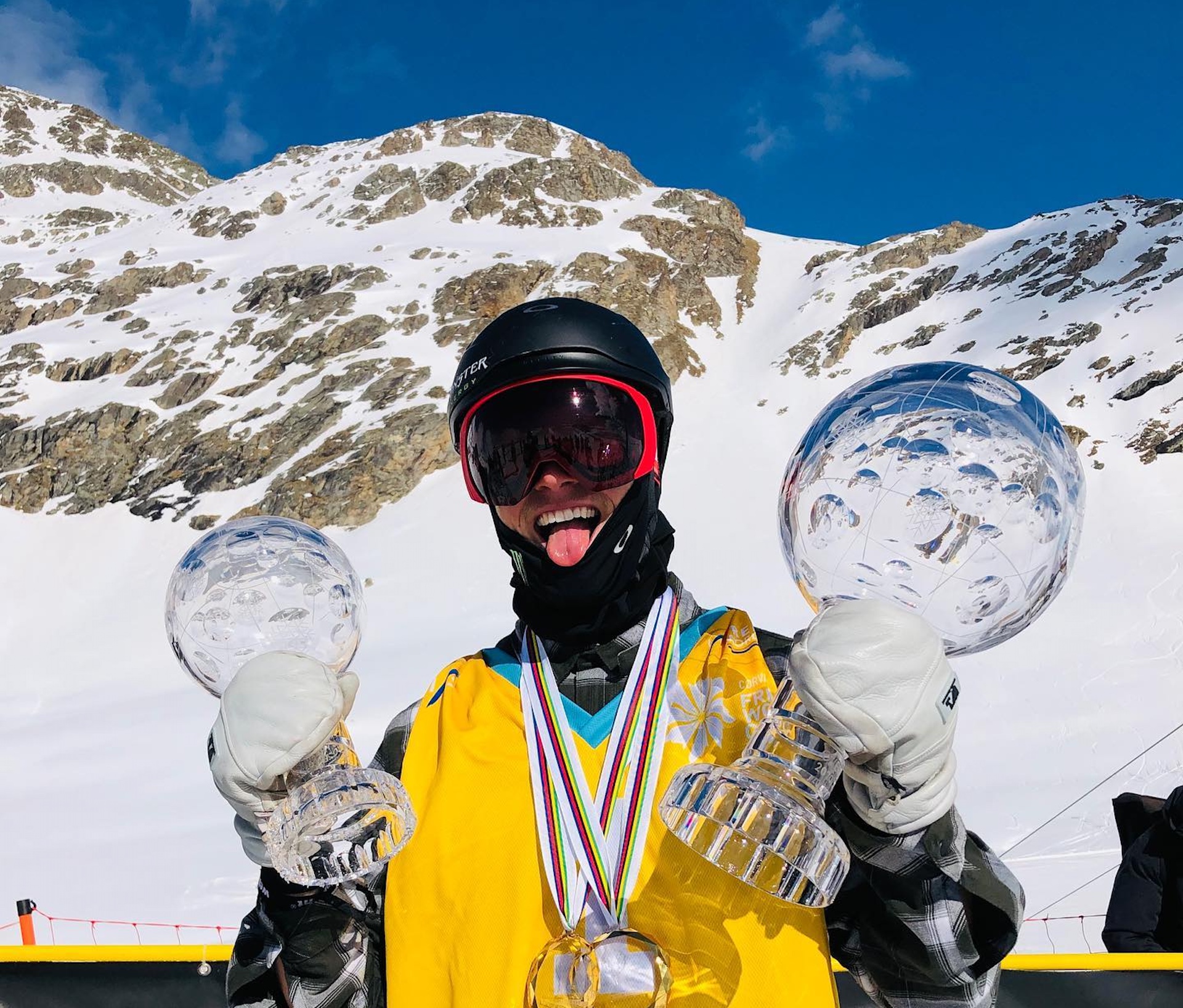 Colby Stevenson with his FIS slopestyle and park and pipe overall Crystal Globes following his victory at the final World Cup of the season in Silvaplana, Switzerland. (FIS Freeski)
