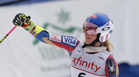 Mikaela celebrates her second-place finish at Killington.