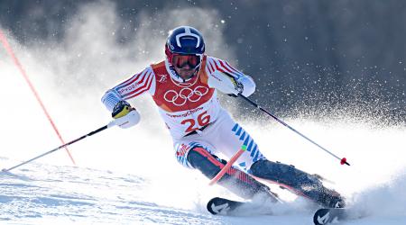 David Chodounsky finished 18th in the slalom Thursday at the 2018 Olympic Winter Games. (Getty Images/AFP – Fabrice Coffrini)