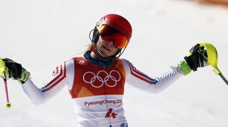 Mikaela Shiffrin reacts following her second run of slalom Friday at Yongpyong Alpine Centre. (Getty Images/Agence Zoom - Giovanni Auletta)