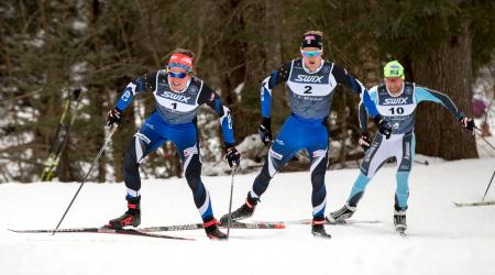 Scott Patterson leads Erik Bjornson and Brian Gregg in the men's 15k freestyle Saturday at the SuperTour Finals in Craftsbury Center, Vt. (U.S. Ski & Snowboard - Reese Brown)