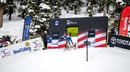 A.J. Hurt kicks out of the start of the first-run super-G at the Toyota U.S. Alpine Championships in Sun Valley, Idaho. (Nils Ribi Photography)