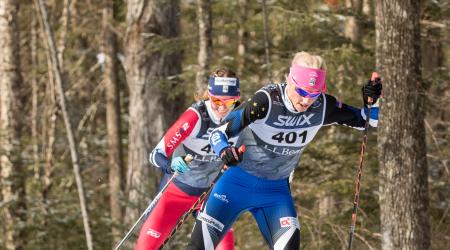 Kikkan Randall leads Jessie Diggins in the final leg at the L.L.Bean U.S. Cross Country Championships team relay Sunday. (U.S. Ski & Snowboard - Reese Brown)