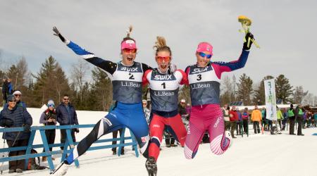 Sadie Bjornsen, Jessie Diggins, and Kikkan Randall celebrate following the women's 30k classic at the L.L.Bean U.S. Cross Country Championship Tuesday. (U.S. Ski & Snowboard - Reese Brown)