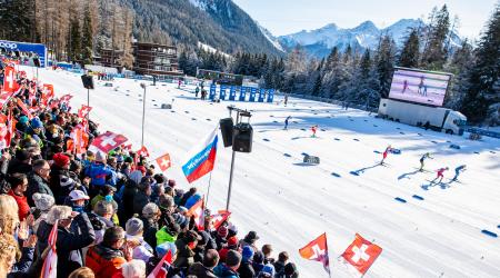 Jessie Diggins leads the first heat of the semi-finals Sunday in Lenzerheide, Switzerland.