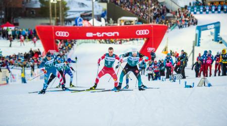 Simi Hamilton (left) led the way for the U.S. men, finishing 14th Tuesday. (www.nordicfocus.com. © Thibaut/NordicFocus)