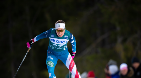 Rosie Brennan opened the nine-day Ski Tour 2020 with a ninth-place finish Saturday. (www.nordicfocus.com. © Vianney THIBAUT/NordicFocus)