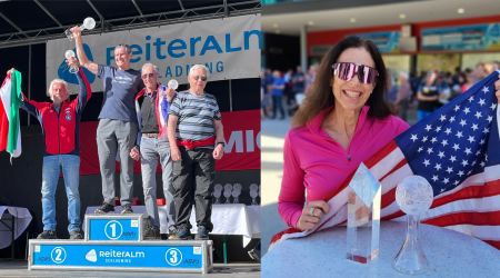 Knut Olberg and Lisa Ballard win 1st place in their age class in the 2024 FIS Masters Cup